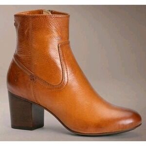 Frye Stella Brown Leather Zip Short Boots Block Heel Women's Size 7.5 M